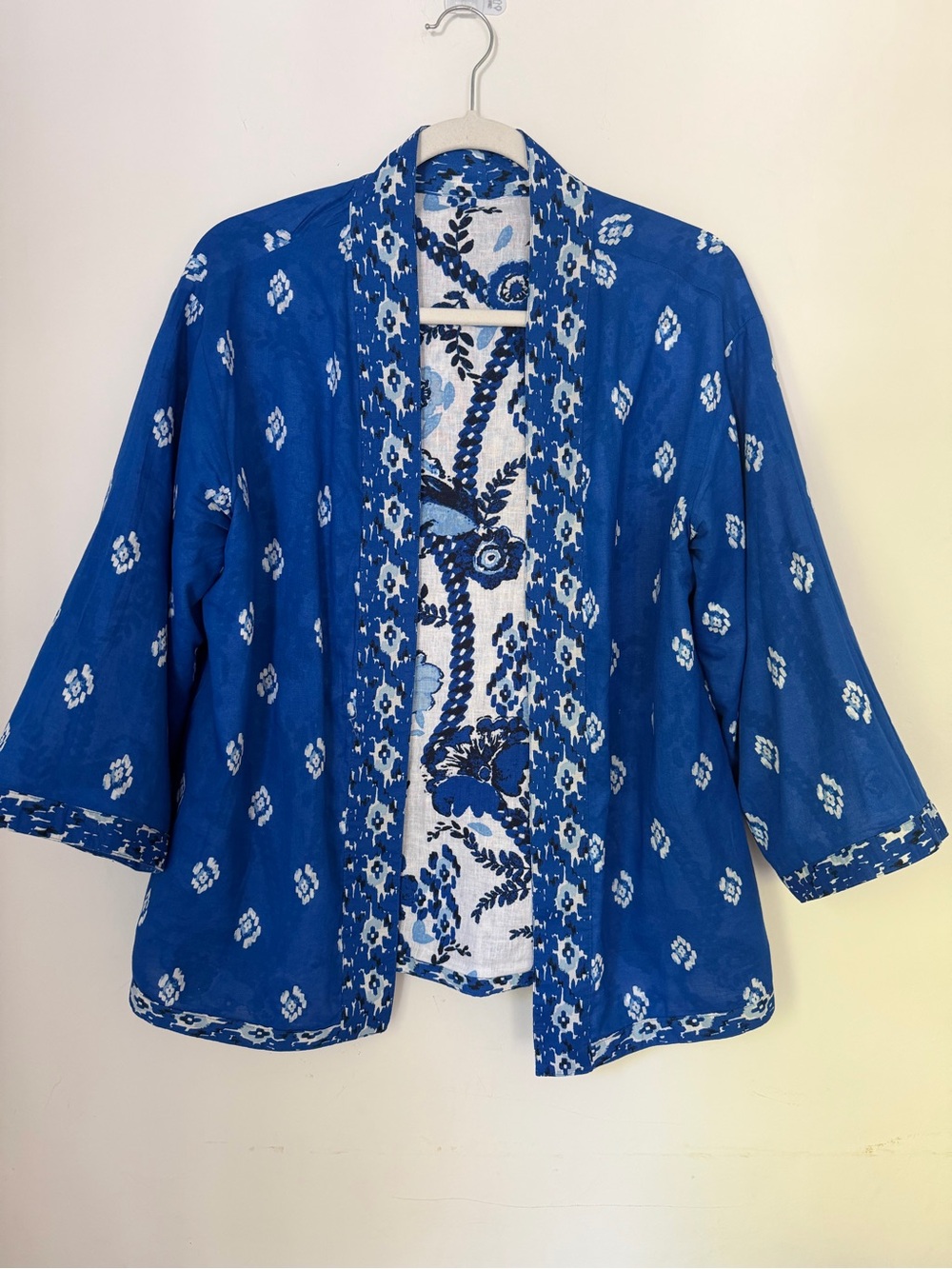 Style & Co Belinda Reversible Blue White Floral Linen Blend Kimono